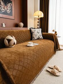 1pc Ultra Soft Chenille Solid Color Diamond Lattice Sofa Blanket - Suitable For All Seasons, Easy To Clean And Non-Shrink, Perfect Gift For Friends And Family, Full Coverage Sofa Cover With Tassel Details - Machine Washable, Cat Scratch Resistant, Fits 1-4 Seater Sofas, Sofa Throw - Coffee Brown - View 6