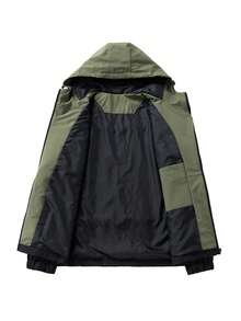 Men's Green White Black Colorblock Hooded Jacket, Minimalist Outdoor Casual Top - Green - View 4