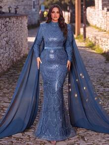 Elegant Long Sleeve Stand Collar Evening Gown With Flowing Cape Design, Suitable For Gala, Red Carpet, Wedding, Evening Party - Dusty Blue - View 1