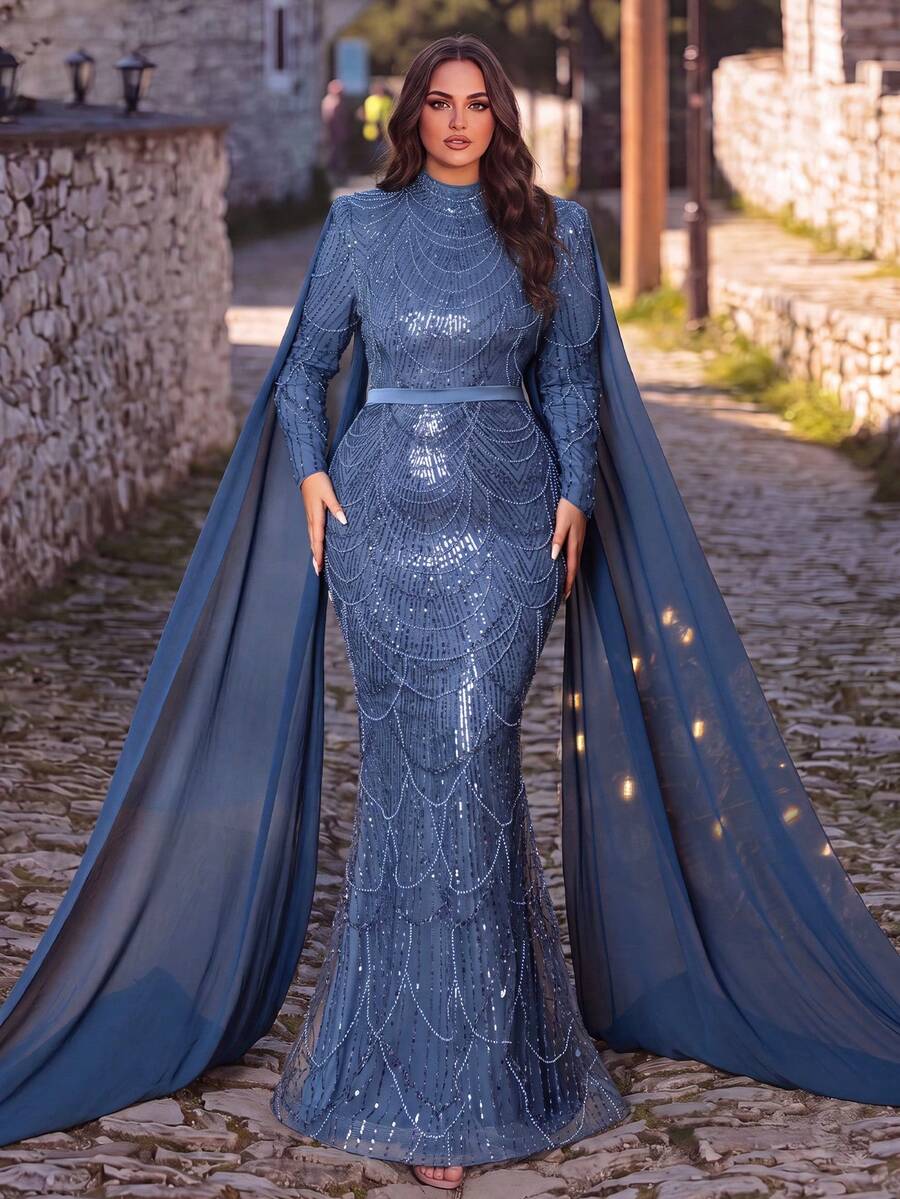 Elegant Long Sleeve Stand Collar Evening Gown With Flowing Cape Design, Suitable For Gala, Red Carpet, Wedding, Evening Party - Dusty Blue - View 1