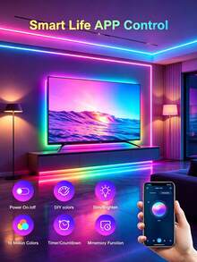 1 捲 5050 RGB LED 智慧電視燈條，柔性自黏式變色可調光，適用於電視背景、遊戲室、聖誕節、節日派對、情人節裝飾與氛圍照明 - 彩色 - 查看 3