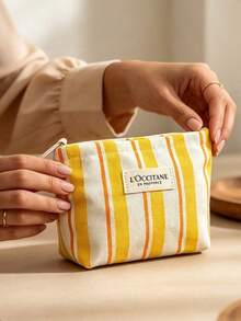 L'Occitane Yellow-Orange Vertical Striped Canvas Makeup Bag, Portable Travel Cosmetic Storage Bag, Daily Use, Vacation, Birthday, Holiday Gift LOCCITANE-GIFT-25 - Yellow + White - View 5