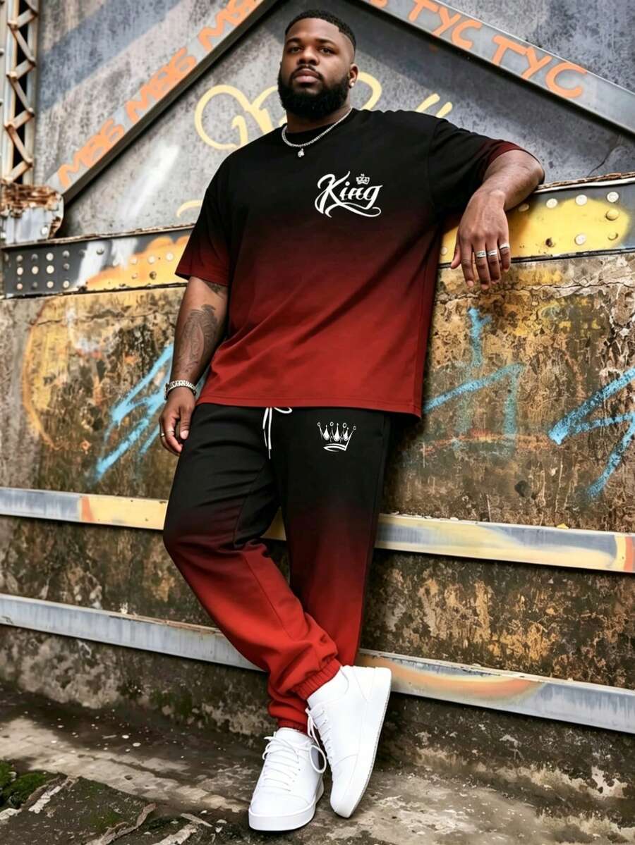 Plus Size Men's Black & Red Ombre Crown Print Short Sleeve & Drawstring Pants Set, Loose Fit Slimming Two Pieces Outfit, Round Neck Tee With Casual Sweatpants - Multicolor - View 1