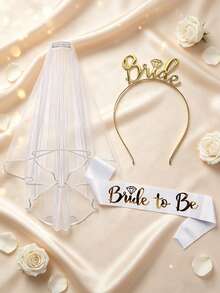 1 Set Bridal Rose Gold Headpiece, Veil And Hair Accessories, Suitable For Bachelorette Party, Wedding …Photography, Bride-To-Be Outfit And Accessories - Bridal 3-piece Set - View 8