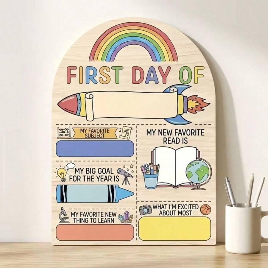 1pc 2D Flat Rainbow Rocket First Day Of School Wooden Sign, Writable Back To School Growth Record Board, Space Science Theme Classroom Photo Prop, Atmospheric Student Growth Commemorative Wooden Plaque 2026 - C - View 1