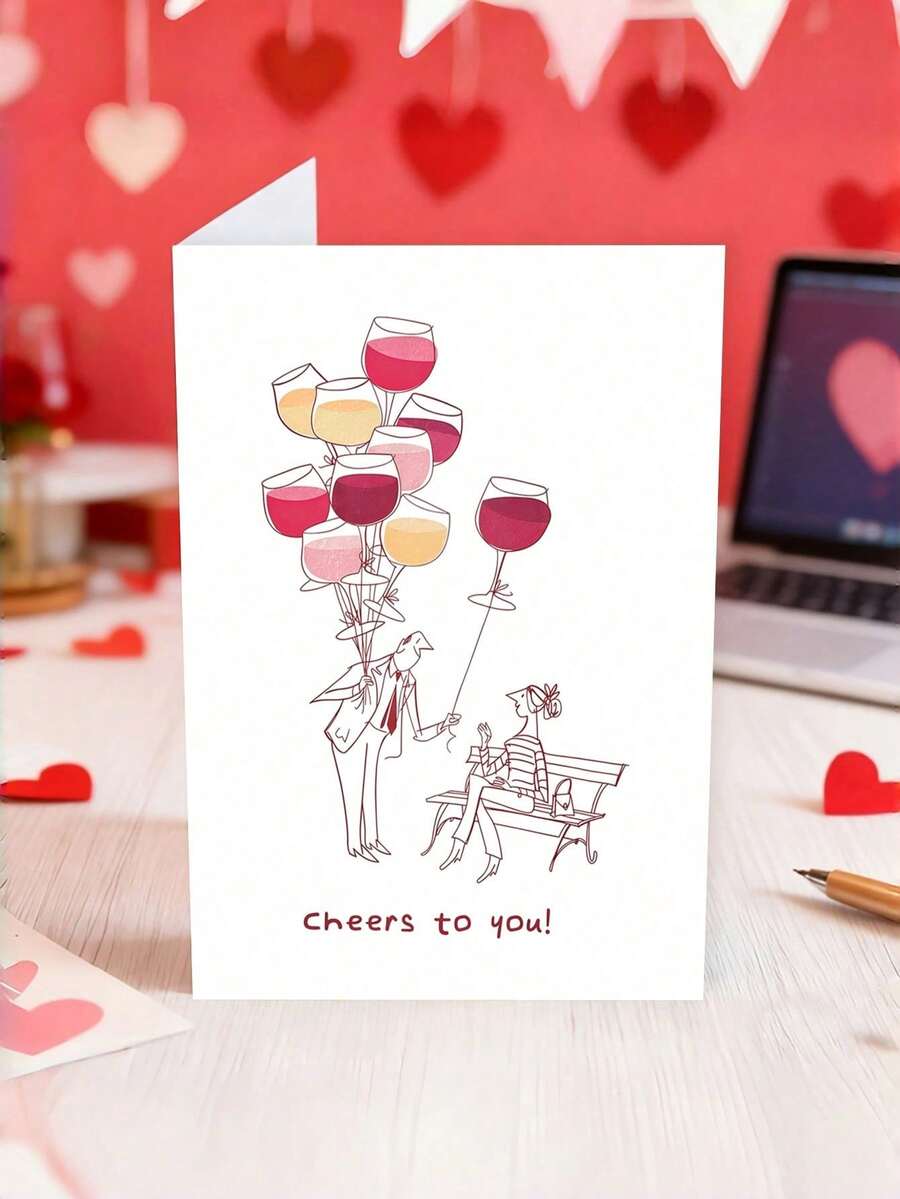 1pc "Congratulations!" Greeting Card With Envelope, Fun Wine Glass & Balloon Design, Blank Inside, Suitable For Birthday, Success & Celebration Occasions - Multicolor - View 1