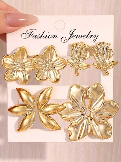 1/4 Pairs Gold Stud Earrings With Five-Petal Flower And Rose Designs, 2 Pairs Left And Right Gold Earring Set, Ideal For Daily Wear, Travel, Vacation Or Gift For Friends And Family