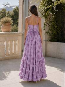 Purple Floral Chiffon V-Neck Backless Tiered A-Line Maxi Dress - 紫色 - 查看 5