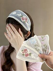 3件組半透明網紗花卉刺繡寬版髮箍 女孩溫柔蕾絲扇形邊緣防滑髮帶 - 彩色 - 查看 2