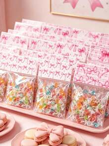 50pcs Pink Bow Transparent Candy Bags, Birthday Party Candy Bags, Wedding Gift Bags, Pink Bow Party Favor Bags, Baby Shower Cookie Bags, Girl 1st Birthday Party Gift Bags, Snack Packaging Bags, Bow Birthday Party Bag Fillers, Transparent Food Packaging Bags, Pink Party Supplies, Gender Reveal Party Table Decor, Bridal Shower Decor, Kitchen Cookie Baking Bags, Pink Bow Decor, Birthday Gifts, Party Favors - Bow Plaid - View 1