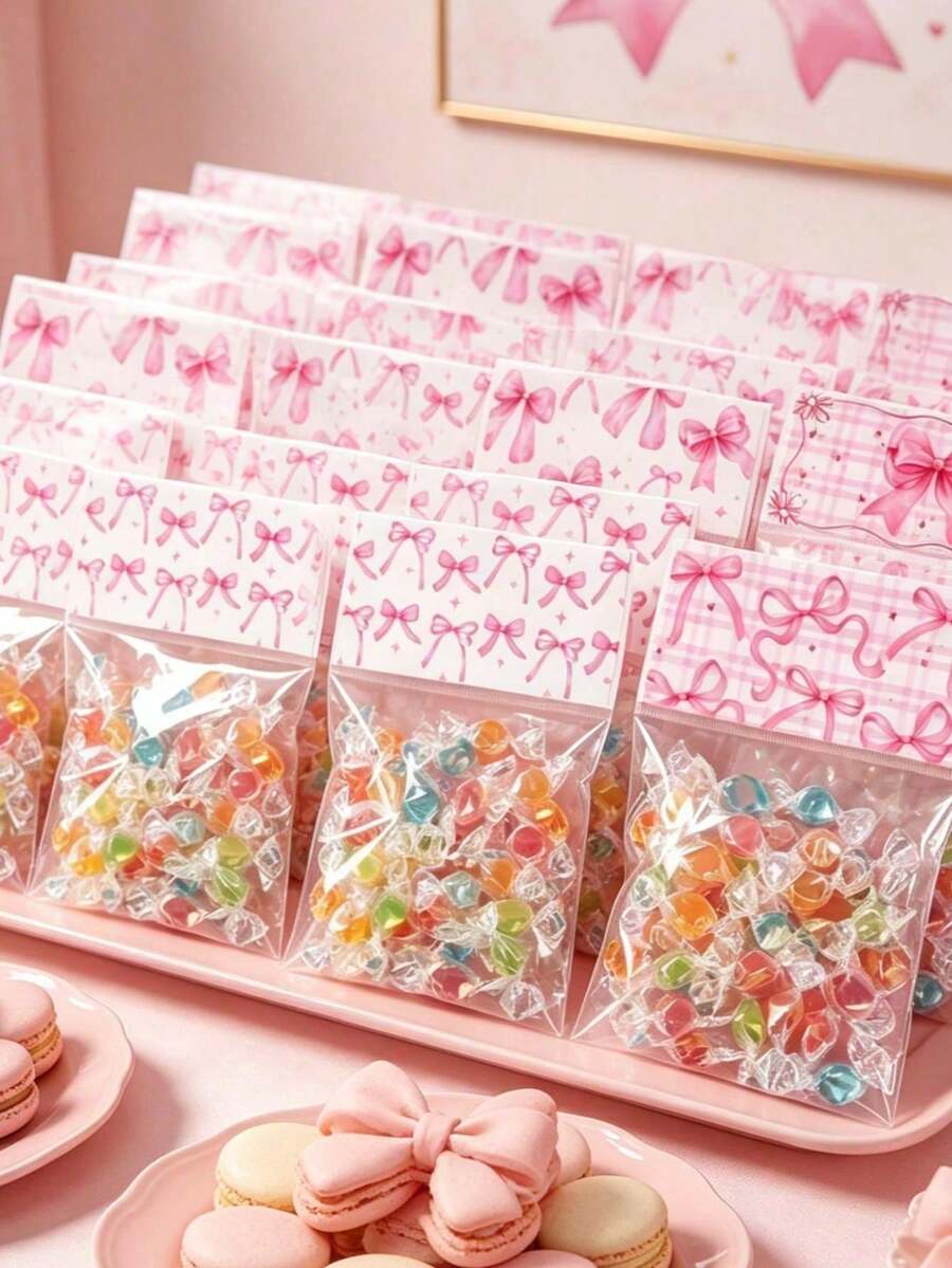 50pcs Pink Bow Transparent Candy Bags, Birthday Party Candy Bags, Wedding Gift Bags, Pink Bow Party Favor Bags, Baby Shower Cookie Bags, Girl 1st Birthday Party Gift Bags, Snack Packaging Bags, Bow Birthday Party Bag Fillers, Transparent Food Packaging Bags, Pink Party Supplies, Gender Reveal Party Table Decor, Bridal Shower Decor, Kitchen Cookie Baking Bags, Pink Bow Decor, Birthday Gifts, Party Favors - Bow Plaid - View 1