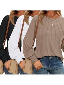 3pcs Women's Ribbed Pleated Long Sleeve Crew Neck Knit T-Shirt, Regular Length, Slightly Elastic, Perfect Casual Top For Autumn/Winter - Brown+White+Black - View 1