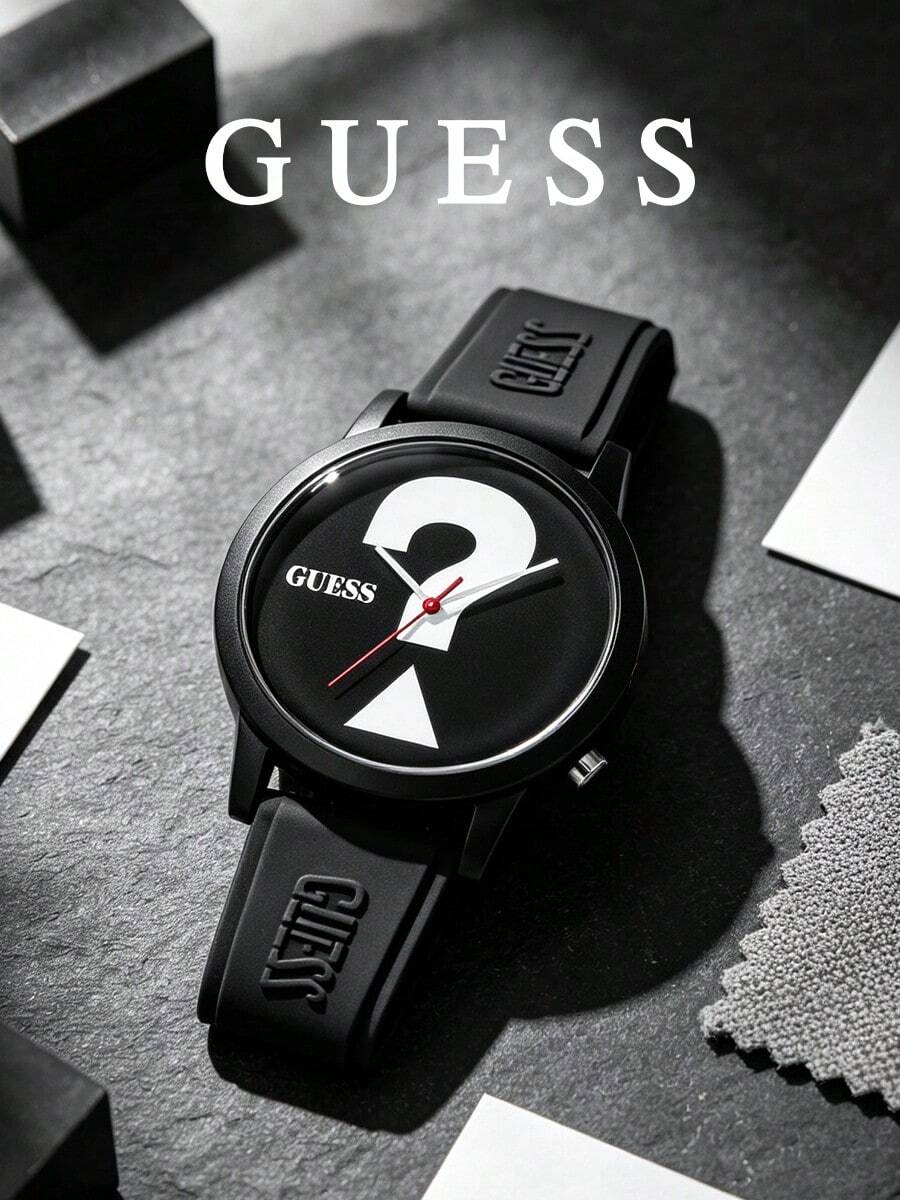 GUESS 啞光黑一體式錶殼 巨型問號錶盤 壓紋 Logo 矽膠錶帶 雙針中性石英手錶 V1041M2 - 黑色 - 查看 1