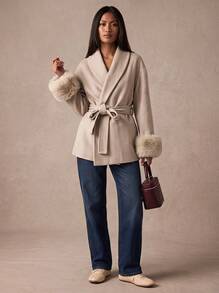 Minimalist Casual Chic Commuter Wool Blend Long Sleeve Coat, Solid Color Faux Shearling Patchwork Jacket, Office, Date, Vacation - Khaki - View 2