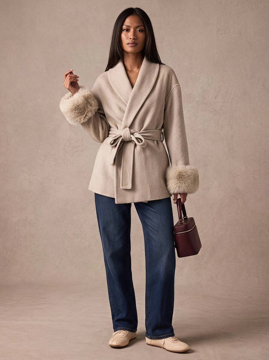Minimalist Casual Chic Commuter Wool Blend Long Sleeve Coat, Solid Color Faux Shearling Patchwork Jacket, Office, Date, Vacation