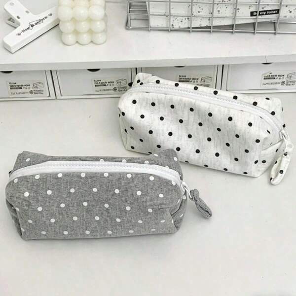 1pc Sweet Polka Dot Pencil Case, Fashionable Black & White Polka Dot Pattern Pencil Pouch, Large Capacity Stationery Bag, Suitable For Students, School Supplies, Back To School Season (Random Zipper)
