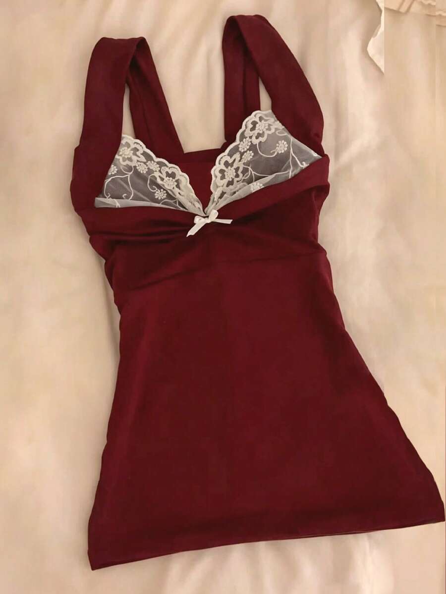 Women's Sweetheart Neckline Knitted Camisole, Wide Straps, Contrast Lace Detail, Regular Length Tank Top - Red - View 1