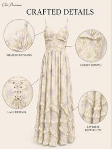 Yellow Floral Chiffon V-Neck Backless Tiered A-Line Maxi Dress - 黃色 - 查看 10
