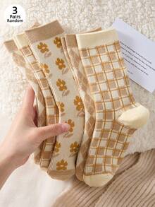 3 Pairs Women's Mid-Calf Socks, Diamond Floral Pattern Autumn Back To School Ankle Socks, Comfortable And Versatile - Multicolor - View 4