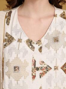 2026夏季/秋季重工串珠刺繡阿拉伯女款杏色優雅長裙,JALABIYA拼接下擺,休閒派對穿搭 - 杏色 - 查看 8