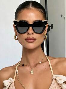 1pc Oversized Cat Eye Fashion Glasses, Unique Retro Hip-Hop Style Beach Accessory, New Fashion Glasses, Bohemian Style Halloween Beach Decor, Women's Essential, Business Casual, Summer Beach Vacation, Outdoor, Travel Gift - black gray - View 3