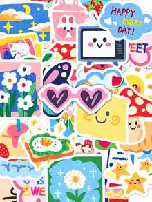 50pcs Ins Style Floral Cake Stickers, Graffiti Vinyl Decorative Stickers For Luggage, Water Bottle, Skateboard, Helmet, Self-Adhesive - Multicolor - View 1