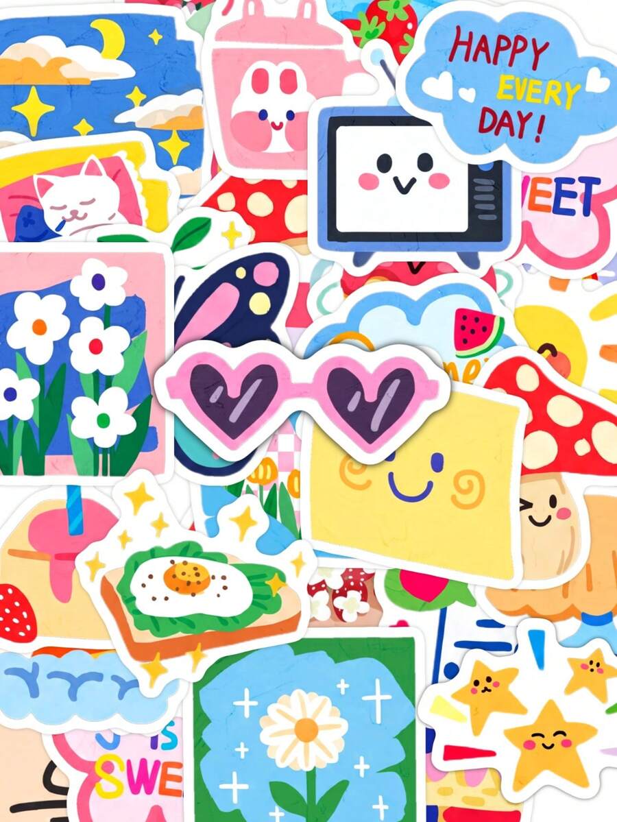 50pcs Ins Style Floral Cake Stickers, Graffiti Vinyl Decorative Stickers For Luggage, Water Bottle, Skateboard, Helmet, Self-Adhesive - Multicolor - View 1