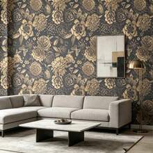 Floral Butterfly PVC Self-Adhesive Wallpaper 17.7in*39.3/118.1/196.8in Waterproof Removable Dark Background Peony Contact Paper Vintage Wall Mural Suitable For Balcony Bedroom Sofa Background Wardrobe Door Decoration - Bronze - View 9