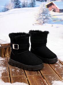 Cute Winter Style Girls Black Fleece Lined Ankle Boots Metal Buckle Round Toe Thick Sole Snow Boots Kids Shoes Suitable For Daily Outdoor Cold Weather - Black - View 3