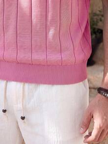 ALTZTAR Men's Thin Solid Color Short Sleeve Knit Vertical Striped Crew Neck Top - Pink - View 4