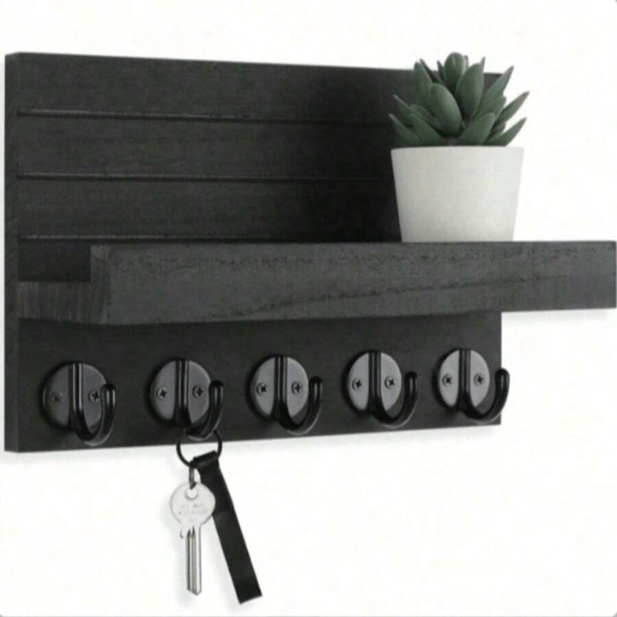 Wall-Mounted Key Rack, Decorative Key And Mail Holder With Shelf, Large Hooks For Bags, Coats, Umbrellas – Paulownia Wood Key Rack, Includes Mounting Hardware - 5 Hooks - View 1