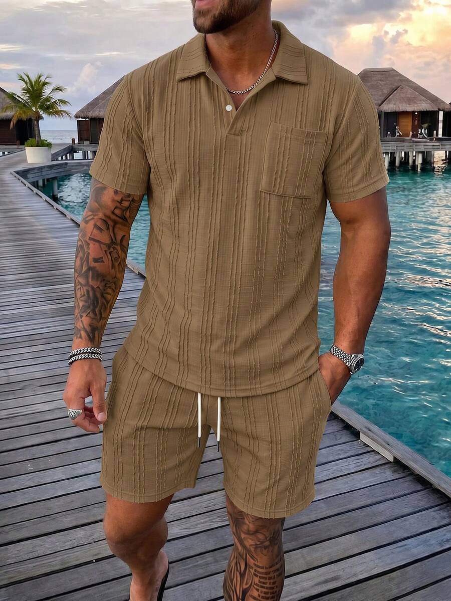 Men's Polo Shirt Set, Knitted, Casual, Mature, Daily Wear - Brown - View 1