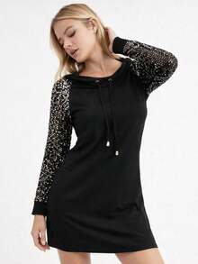 Women's Long-Sleeved Mini Viscose Two-Thread Dress With Sequin Detail And Lace-Up Pockets. , 31801 - Black - View 3