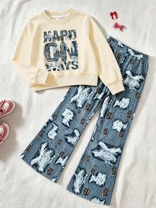 Street Fashion Girl Creative Letter Print Sweatshirt, Casual Crew Neck Sweatshirt Paired With Personalized Leopard Print All-Over Loose Wide Leg Pants, Autumn/Winter Daily 2-Piece Set - Apricot - View 2