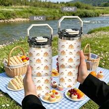 1/5pcs 30oz Vacuum Insulated Tumbler With Gift Box, Cream White Pancake Coffee Cup With Heart Cartoon Print, Foldable Portable Handle, Double Flip Lid Leak-Proof Cup Cover, Double Wall Mug, Suitable For Breakfast Daily, Warm Heart Food Theme Brunch Lover Gift - Dessert - View 5