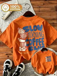 Women's Double-Sided Print Coffee Cup Tee, Hand-Painted Style "Slow Morning Coffee Club" Graphic, Round Neck Short Sleeve 100% Cotton Summer Top - 橘色 - 查看 7
