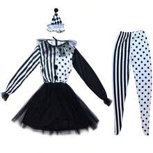 Vintage Clown Bold Black & White Polka Dot & Stripe Costume, Suitable For Carnival Party, Unique Circus Theme Eye-Catching Outfit - Multicolor - View 6
