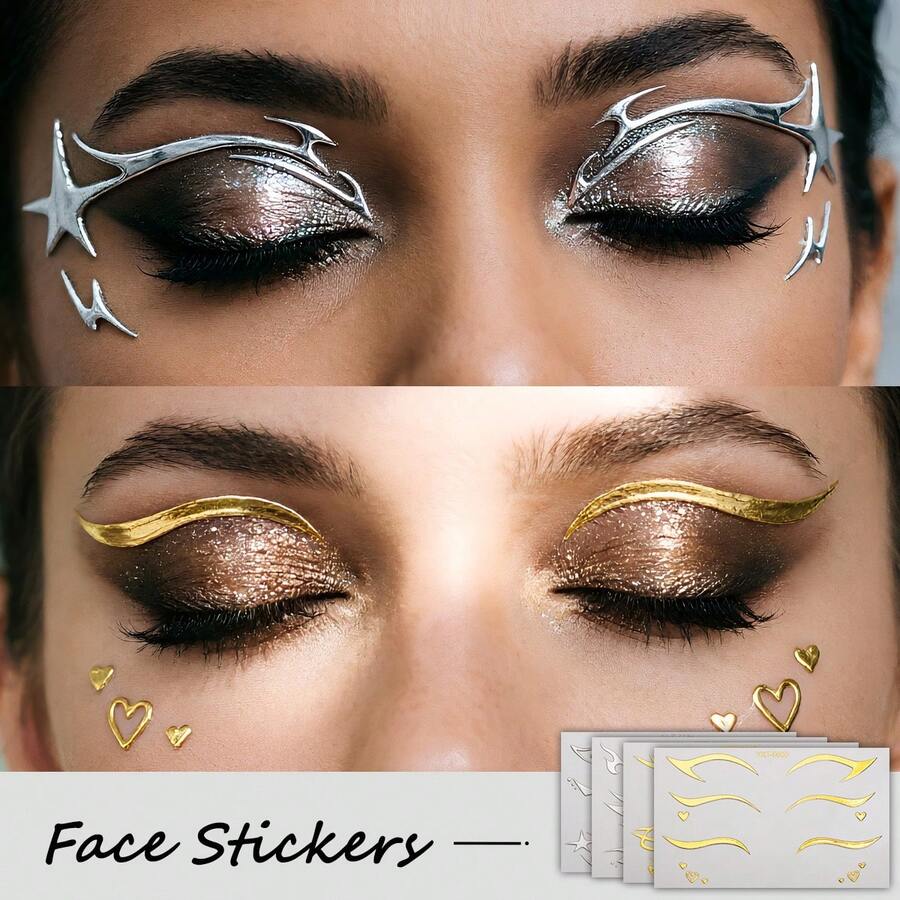 4pcs Y2K Eyeliner Style Metallic Silver Face Decoration Stickers, Waterproof Eyeliner Stickers, Suitable For Festival Party Makeup