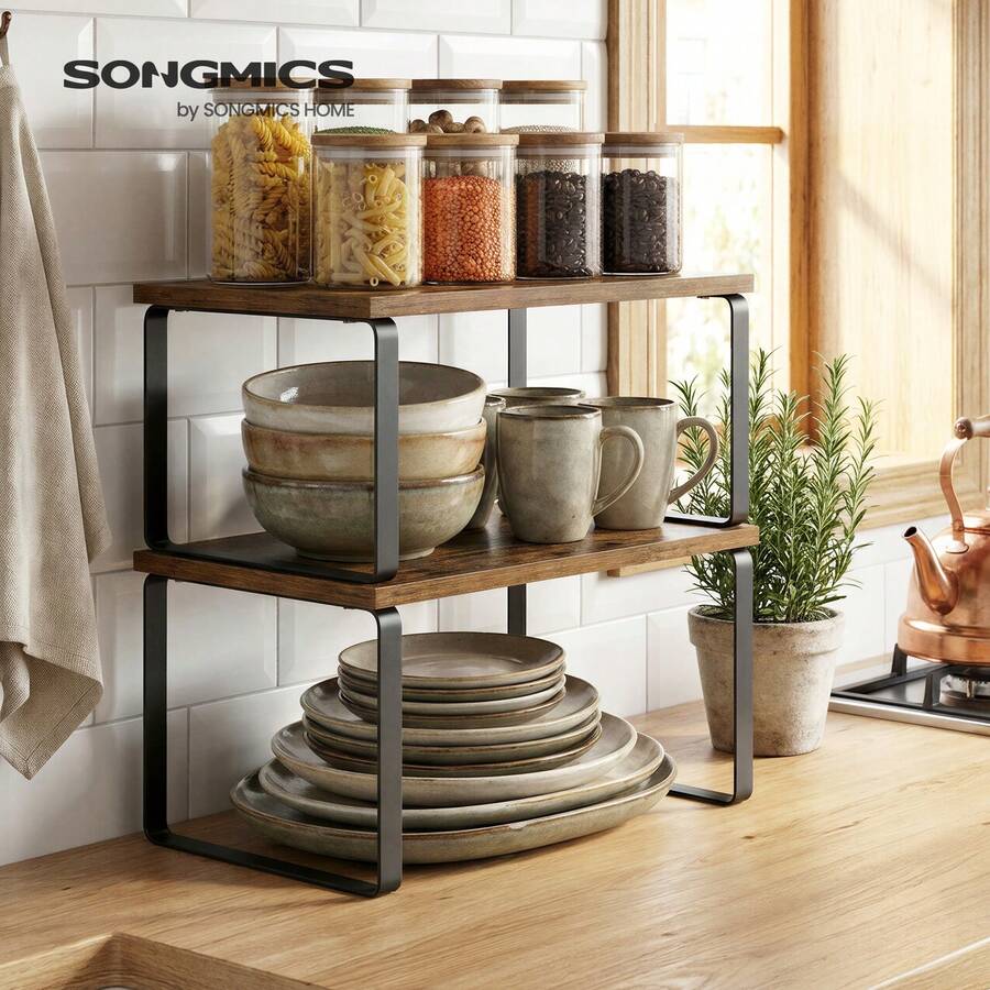 SONGMICS Set di 2 Scaffali da Cucina, Impilabili, per Armadietti da Cucina, Espandibile, Metallo e Legno, Marrone - Visualizzare 1