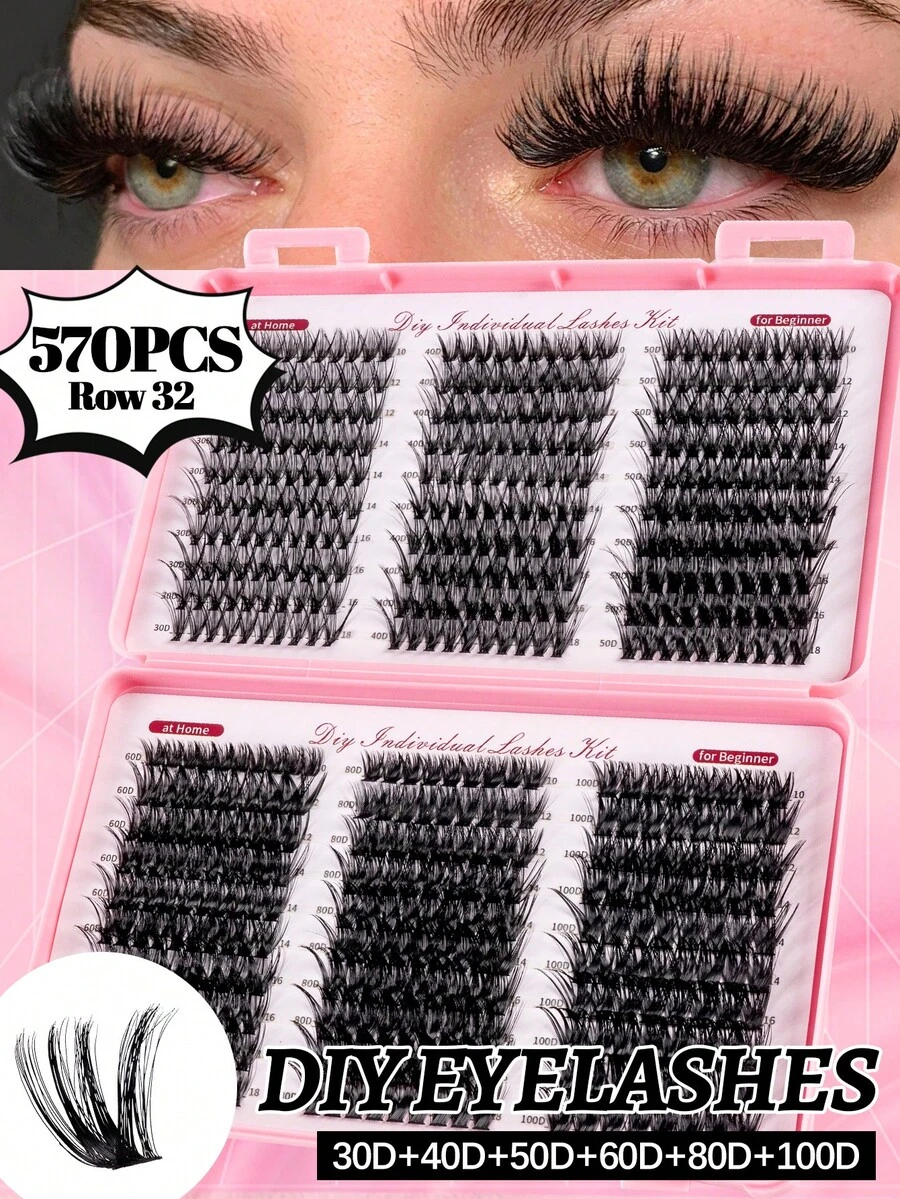 570 Large Capacity D-Type Curled False Eyelashes, 30D-100D Mixed Density Suitable For Beginners' DIY False Eyelash Extension, Easy To Use, Soft And Natural, Suitable For Different Eye Types, High-Capacity Eyelash Makeup, Eyelashes, False Eyelashes
