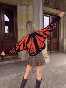 Women's Black & Orange Butterfly Wing Jacquard V-Neck Knit Long Sleeve Cardigan, Star Print Hem Short Length Outerwear, Suitable For Autumn/Winter - Multicolor - View 2