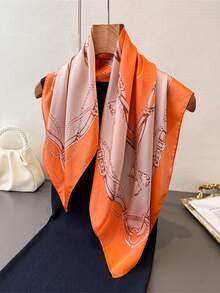 1件女款仿絲鏈條印花正方形絲巾，可用作頭巾、圍巾、髮飾，適合日常穿搭 - 橘色 - 查看 4