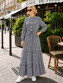 Women's A-Line Floral Maxi Dress with Long Sleeves - 藏蓝色 - 查看 3