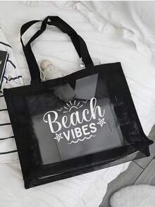 Large Capacity Tote Bag Women's Outdoor Fashion Shoulder Bag Handheld Shopping Bag Letter Print Storage Mesh Bag Multi-Functional Portable Storage Bag Suitable For Travel Camping Beach Summer Use - Black - View 5