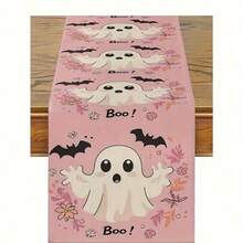 1pc/Halloween Decorative Table Runner, Pink Background With Black Bat And Cute Ghost Print, Polyester Material, Multiple Size Options, Dining Table Centerpiece, Halloween Party Supplies - Multiple Styles - View 4