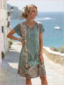 Qionghai city renqianjia trading Vestido midi de manga corta para mujer, con estampado geométrico, vestido de verano bohemio para carnaval de primave - Multicolor13 - Ver 2