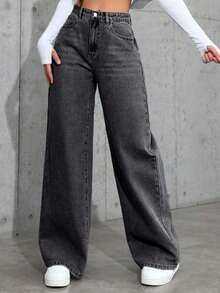 Jeans rectos de lavado claro de moda para adolescentes - Gris Oscuro - Ver 5