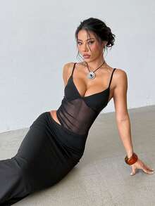 Women's Summer Black Mesh Sheer Patchwork Hollow Waist Spaghetti Strap Dress, Date, Party, Gathering - Black - View 6