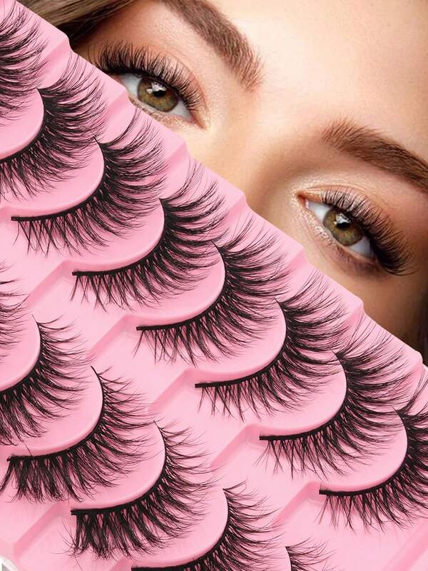 10 Pairs Natural Wispy Strip False Eyelashes, Soft Black Lash Band Realistic Volume Lashes, Reusable Easy To Apply Synthetic Eyelashes, Daily Makeup Lashes To Lift & Enlarge Eyes