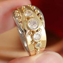 Vintage Style Asymmetrical Dual-Tone Ring With Round Synthetic Zirconia, Fashionable And Elegant Daily Accessory - Two-color - View 2